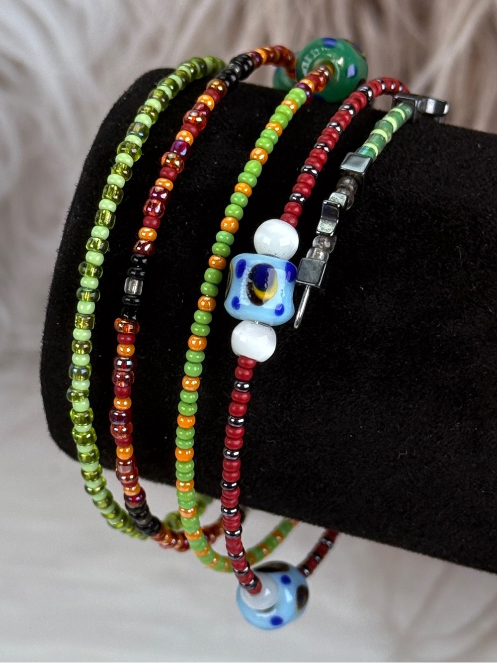 Vintage Multicolor Seed Bead Lampwork Style Multi Strand Bracelet